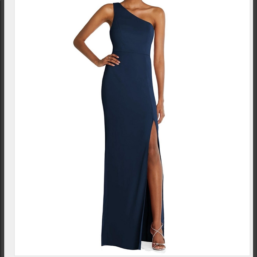 Dessy one-shoulder chiffon trumpet gown